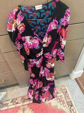 DVF Diane von Furstenberg Reversible Ruched Midi Dress Floral & Geometric Print
